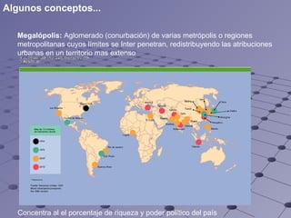 Megalópolis:   Aglomerado (conurbación) de varias metrópolis o regiones metropolitanas cuyos límites se Inter penetran, redistribuyendo las atribuciones urbanas en un territorio mas extenso Concentra al el porcentaje de riqueza y poder político del país Algunos conceptos... 