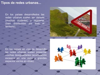 En los países desarrollados las redes urbanas suelen ser densas (muchas ciudades) y regulares (bien distribuidas por todo el territorio). En los países en vías de desarrollo las redes urbanas suelen presentar muchas desigualdades (acumulación excesiva en una zona y grandes espacios vacíos en otras). Tipos de redes urbanas... 