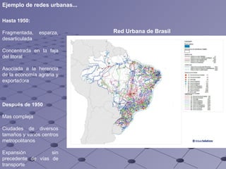 Hasta 1950:   Fragmentada, esparza, desarticulada Concentrada en la faja del litoral Asociada a la herencia de la economía agraria y exportadora Después de 1950 Mas compleja Ciudades de diversos tamaños y varios centros metropolitanos Expansión sin precedente de vías de transporte Red Urbana de Brasil Ejemplo de redes urbanas... 