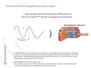 Frequency 50 Hz
…	can	increase	the	activity	of	the	ATPases	Ca++		
from	5	to	10	%(1)(2)	at	the	sarcoplasmic	reticulum.		
Sarcoplasmic reticulum	
+
-
How the Biostimology® procedure works
(1)  in	1995,	M.Blank,	L.	Soo,	V.Papstein	of	the	department	of	Physiology	and	Cellular	Biophysics,	(Columbia	
University	-	the	USA)	demonstrated	that	a	comparable	magnetic	field	of	frequency	between	0	and	70	Hz	
and	varying	0	-	2	gauss	allowed	to	increase	the	activity	of	the	ATPases	Ca++	from	at	10	%,	that	is	a	level	
of	stimulation	comparable	to	the	calcic	ATPases.
	
(2)  2009	:	PREDICTIVE	STUDY	ON	“DNA	CHIPS”	
The	increase	in	calcium	and	in	ATP,	as	well	as	the	activation	of	these	receptors,	have	been	described	
during	the	use	of	devices	generating	electromagnetic	energy	pulses.	
						
 