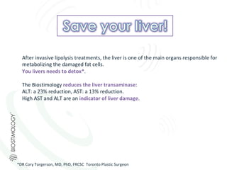 After	invasive	lipolysis	treatments,	the	liver	is	one	of	the	main	organs	responsible	for	
metabolizing	the	damaged	fat	cells.		
You	livers	needs	to	detox*.	
	
The	Biostimology	reduces	the	liver	transaminase:	
ALT:	a	23%	reduction,	AST:	a	13%	reduction.		
High	AST	and	ALT	are	an	indicator	of	liver	damage.	
	
*DR	Cory	Torgerson,	MD,	PhD,	FRCSC		Toronto	Plastic	Surgeon		
 