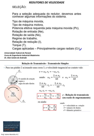 REDUTORES DE VELOCIDADE
Prof. Valmir Meirelles H.C.
Universidade Federal do Paraná
Curso de Engenharia Industrial Madeireira
Dr. Alan Sulato de Andrade
 