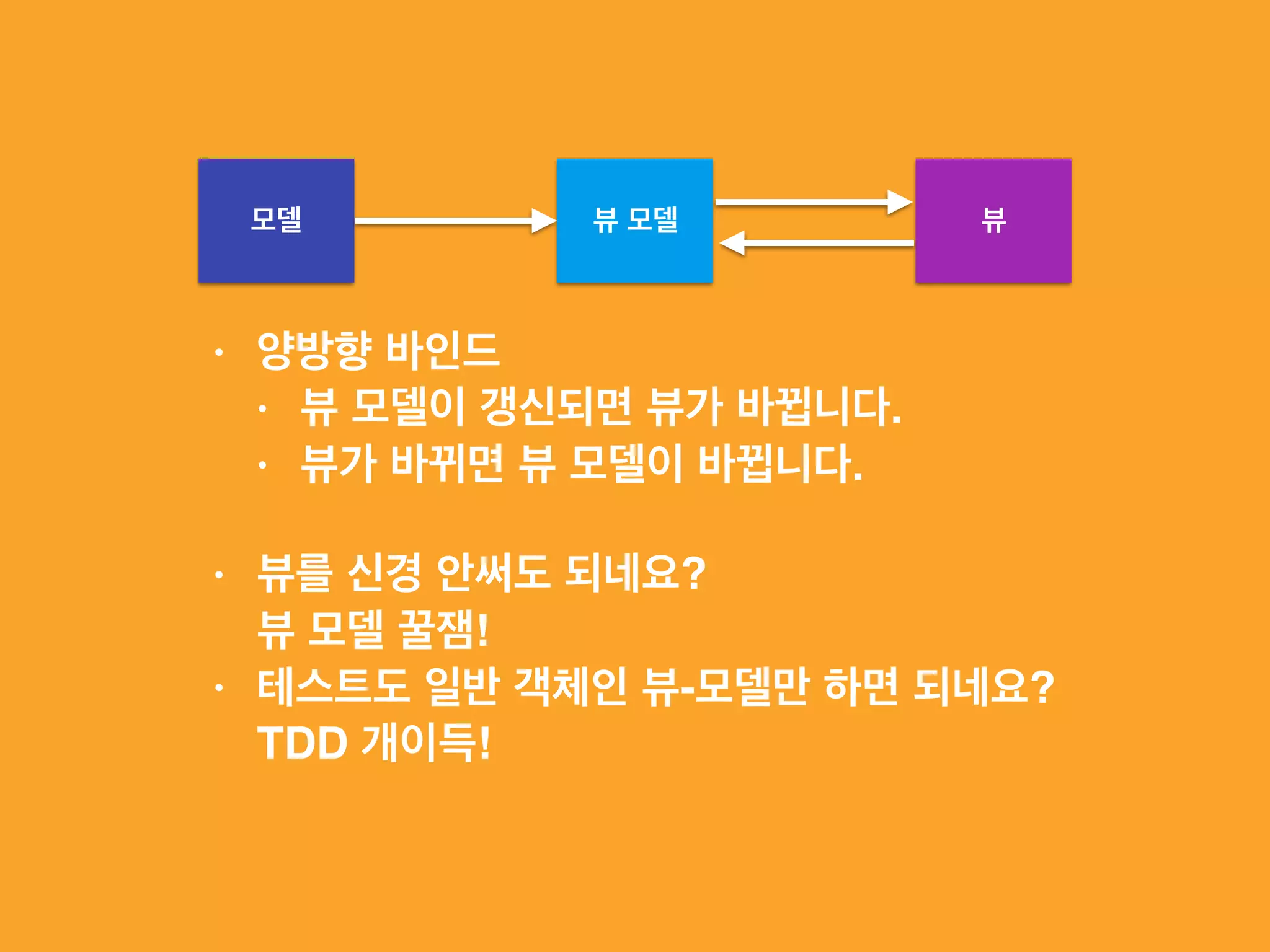 모델 뷰 모델 뷰
• 양방향 바인드
• 뷰 모델이 갱신되면 뷰가 바뀝니다.
• 뷰가 바뀌면 뷰 모델이 바뀝니다. 
• 뷰를 신경 안써도 되네요? 
뷰 모델 꿀잼!
• 테스트도 일반 객체인 뷰-모델만 하면 되네요? 
TDD 개이득!
 