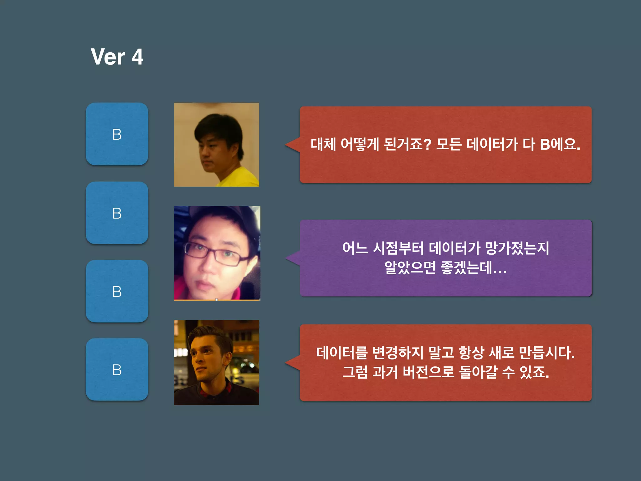 B
B
B
B
Ver 4
대체 어떻게 된거죠? 모든 데이터가 다 B에요.
어느 시점부터 데이터가 망가졌는지 
알았으면 좋겠는데…
데이터를 변경하지 말고 항상 새로 만듭시다. 
그럼 과거 버전으로 돌아갈 수 있죠.
 