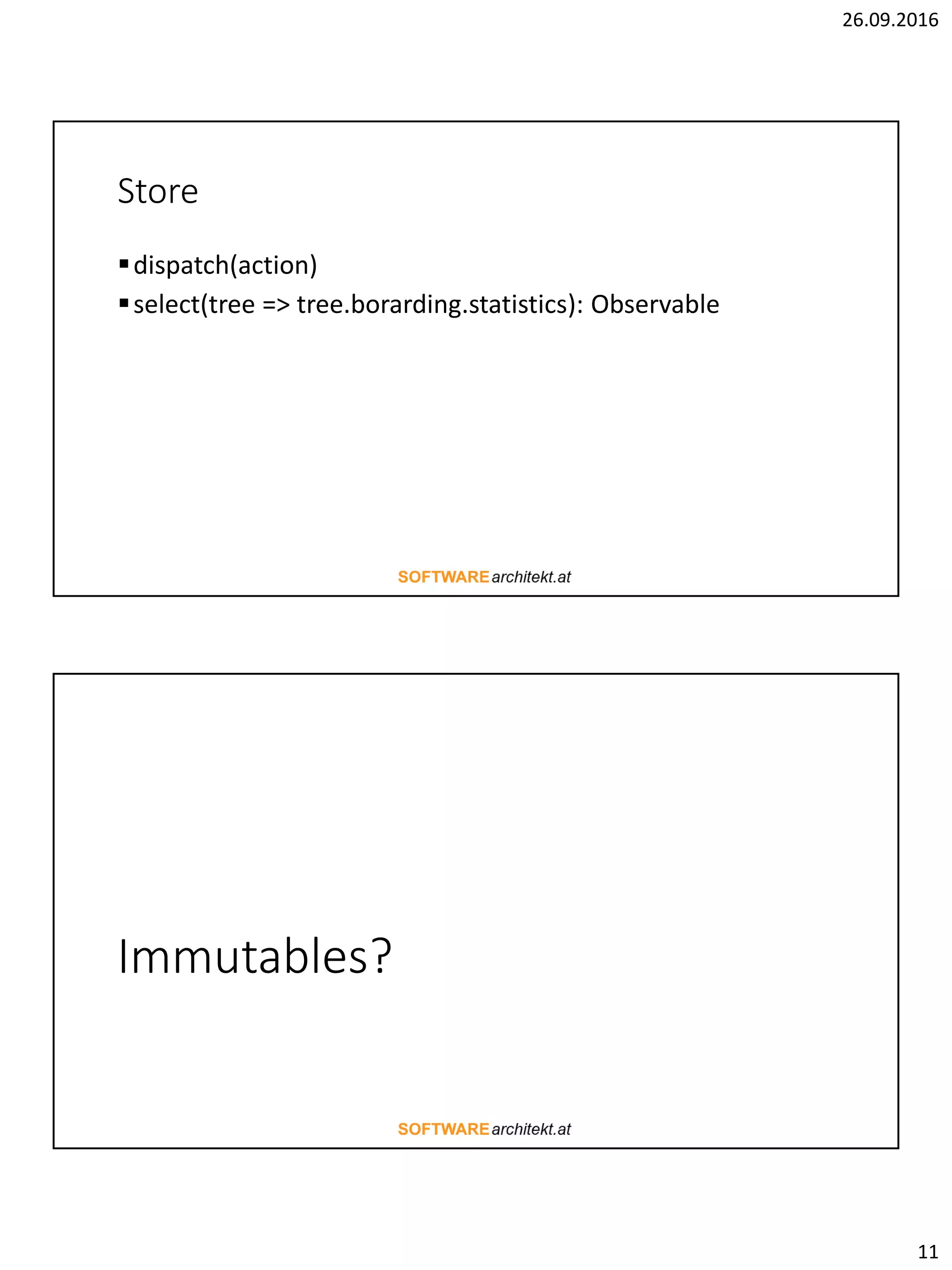 26.09.2016
11
Store
dispatch(action)
select(tree => tree.borarding.statistics): Observable
Immutables?
 