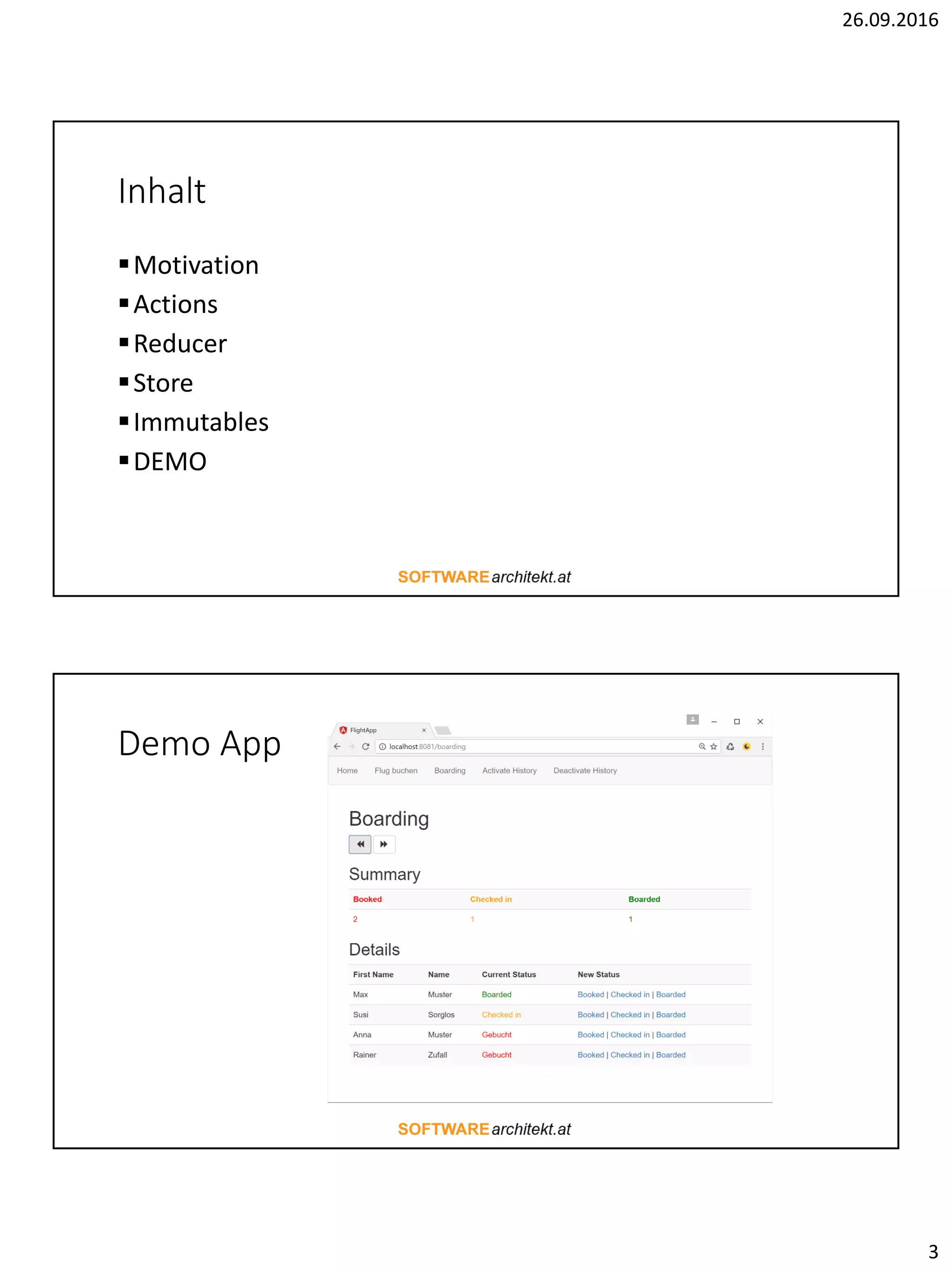 26.09.2016
3
Inhalt
Motivation
Actions
Reducer
Store
Immutables
DEMO
Demo App
 