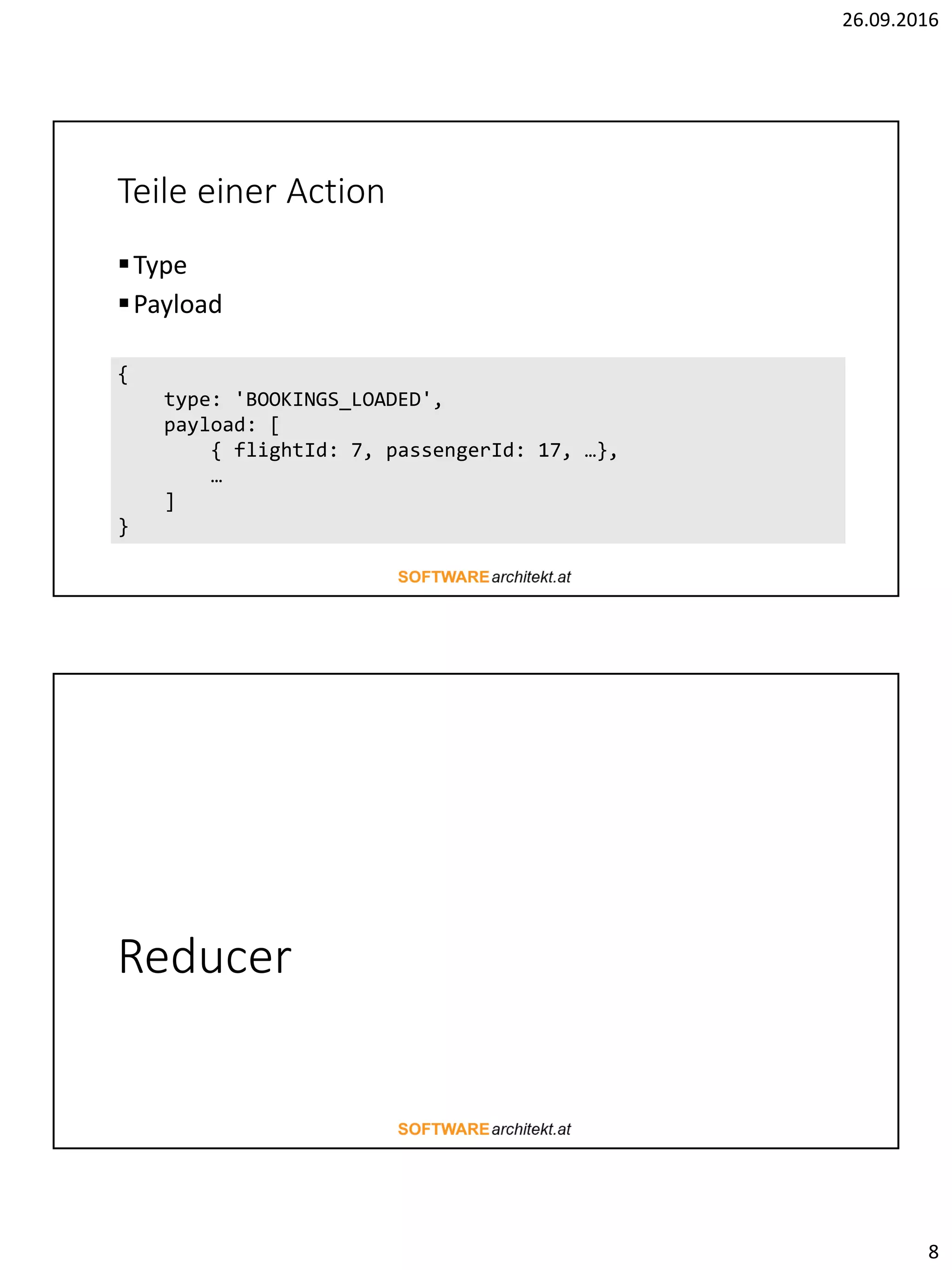 26.09.2016
8
Teile einer Action
Type
Payload
{
type: 'BOOKINGS_LOADED',
payload: [
{ flightId: 7, passengerId: 17, …},
…
]
}
Reducer
 