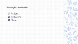 Building Blocks of Redux!
✘ Actions
✘ Reducers
✘ Store
 