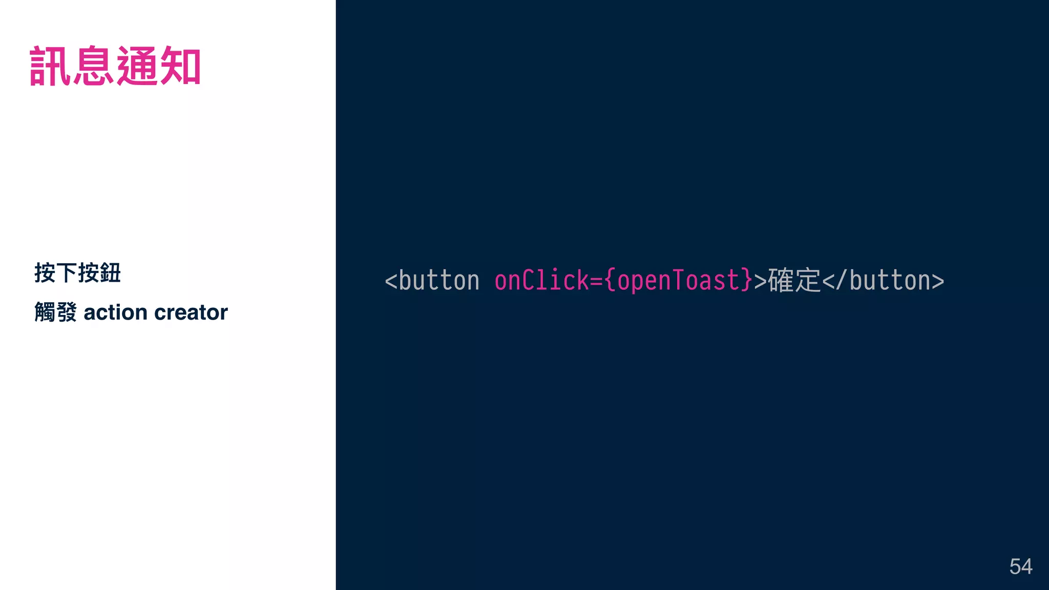 訊息通知
按下按鈕
觸發 action creator
54
<button onClick={openToast}>確定#</button>
 