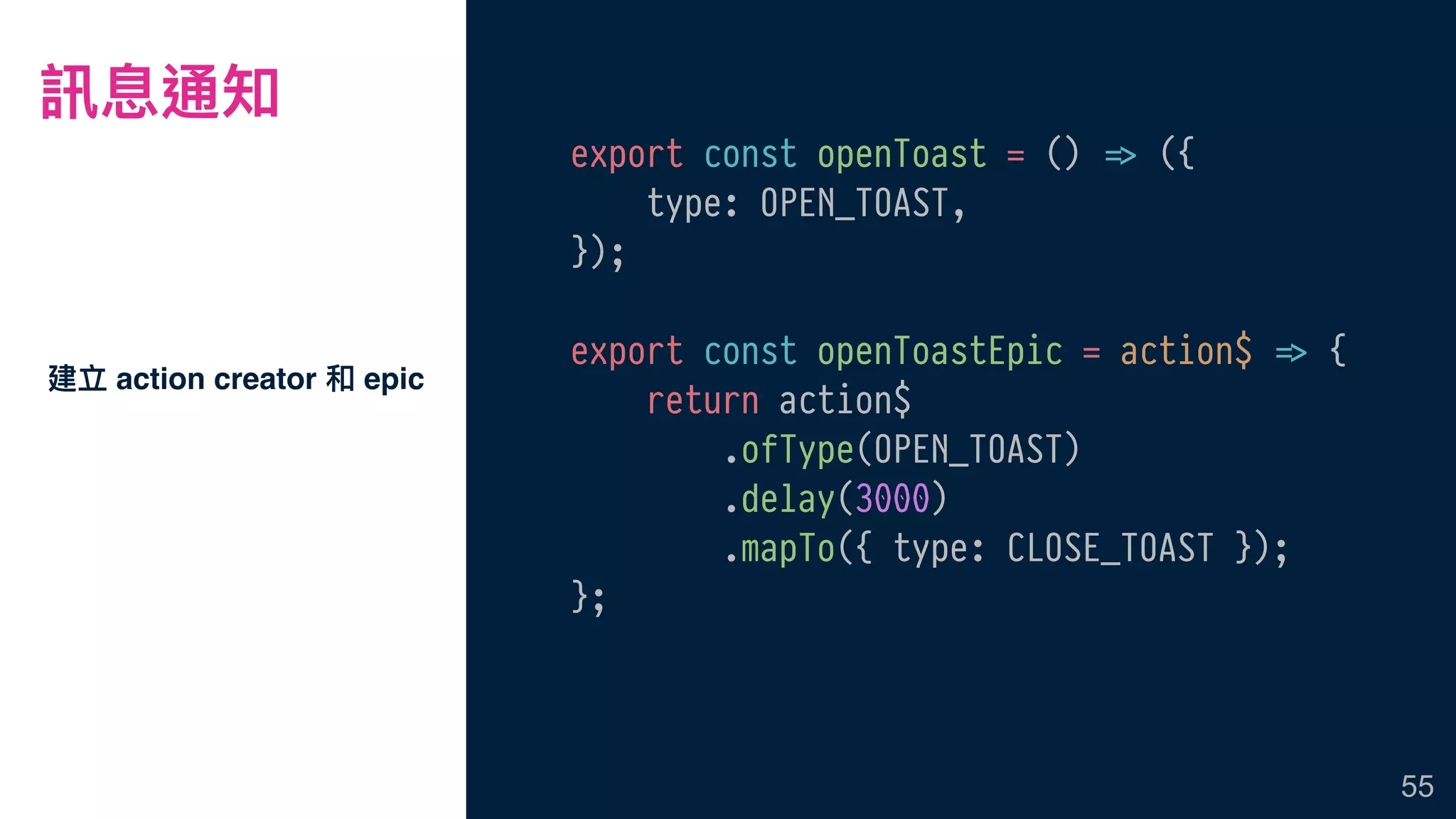 訊息通知
建立 action creator 和 epic
55
export const openToast = () !=> ({
type: OPEN_TOAST,
});
export const openToastEpic = action$ !=> {
return action$
.ofType(OPEN_TOAST)
.delay(3000)
.mapTo({ type: CLOSE_TOAST });
};
 