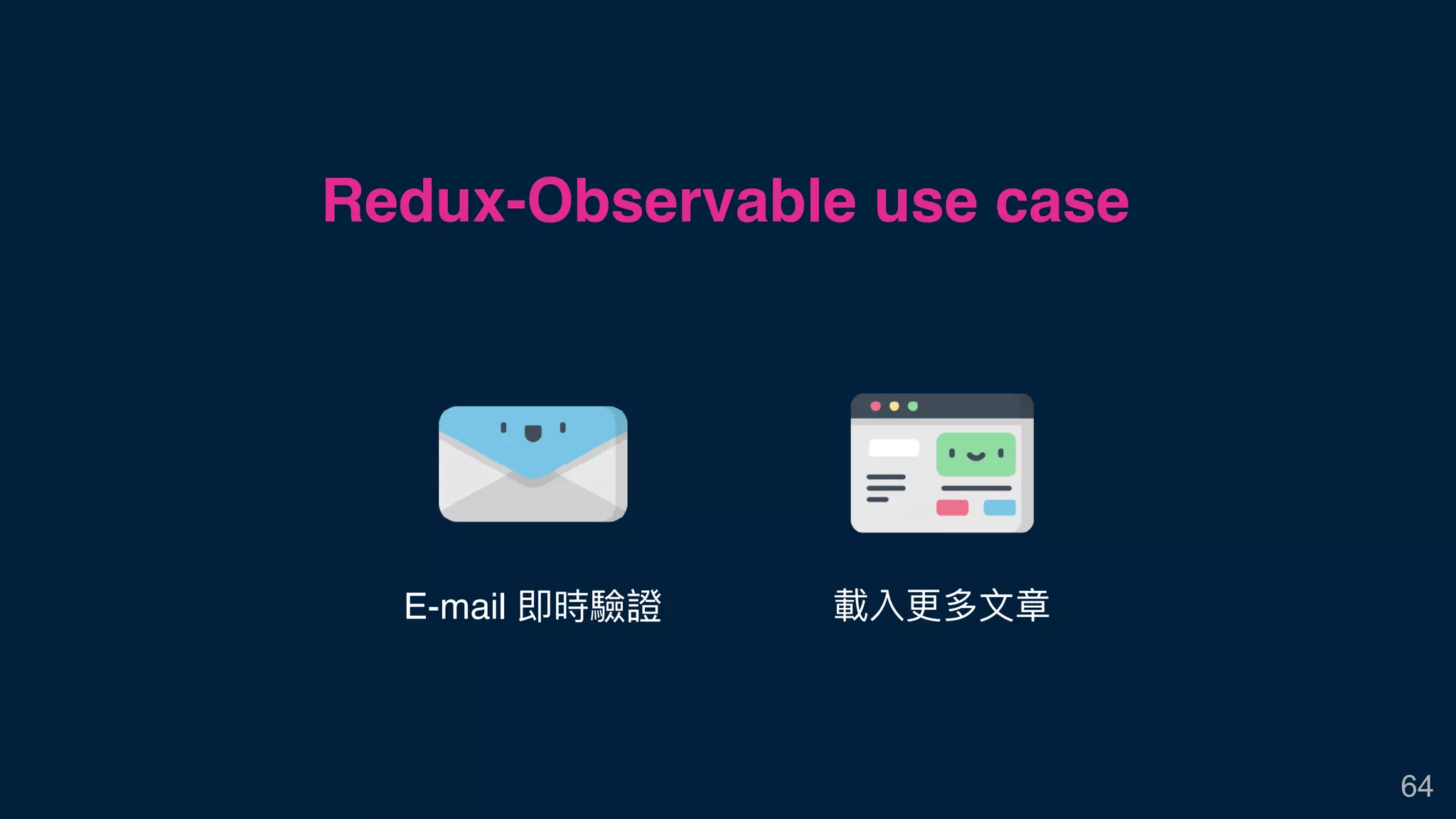 64
E-mail 即時驗證 載入更更多⽂文章
Redux-Observable use case
 