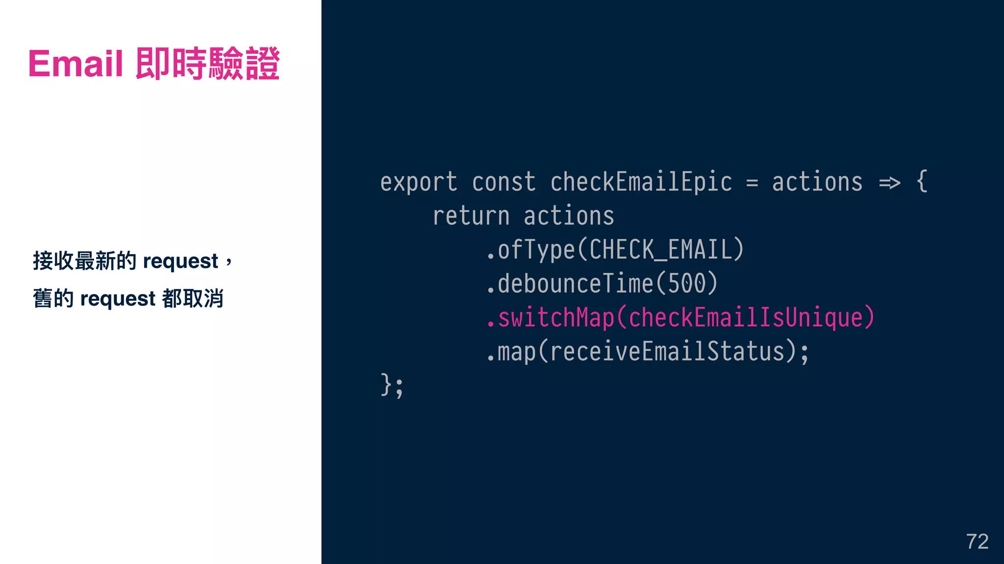 Email 即時驗證
export const checkEmailEpic = actions !=> {
return actions
.ofType(CHECK_EMAIL)
.debounceTime(500)
.switchMap(checkEmailIsUnique)
.map(receiveEmailStatus);
};
接收最新的 request，
舊的 request 都取消
72
 