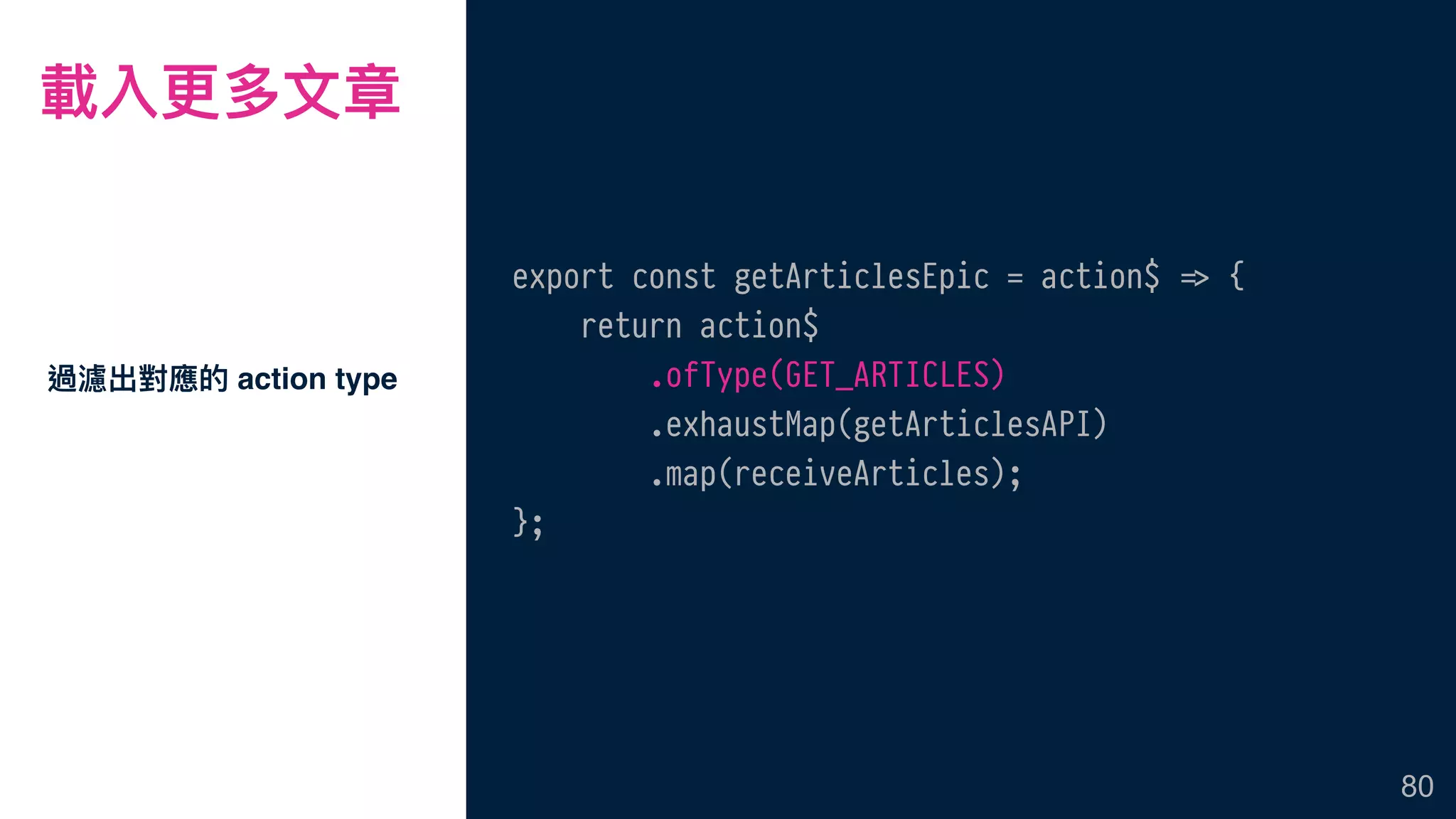 過濾出對應的 action type
80
export const getArticlesEpic = action$ !=> {
return action$
.ofType(GET_ARTICLES)
.exhaustMap(getArticlesAPI)
.map(receiveArticles);
};
載入更更多⽂文章
 