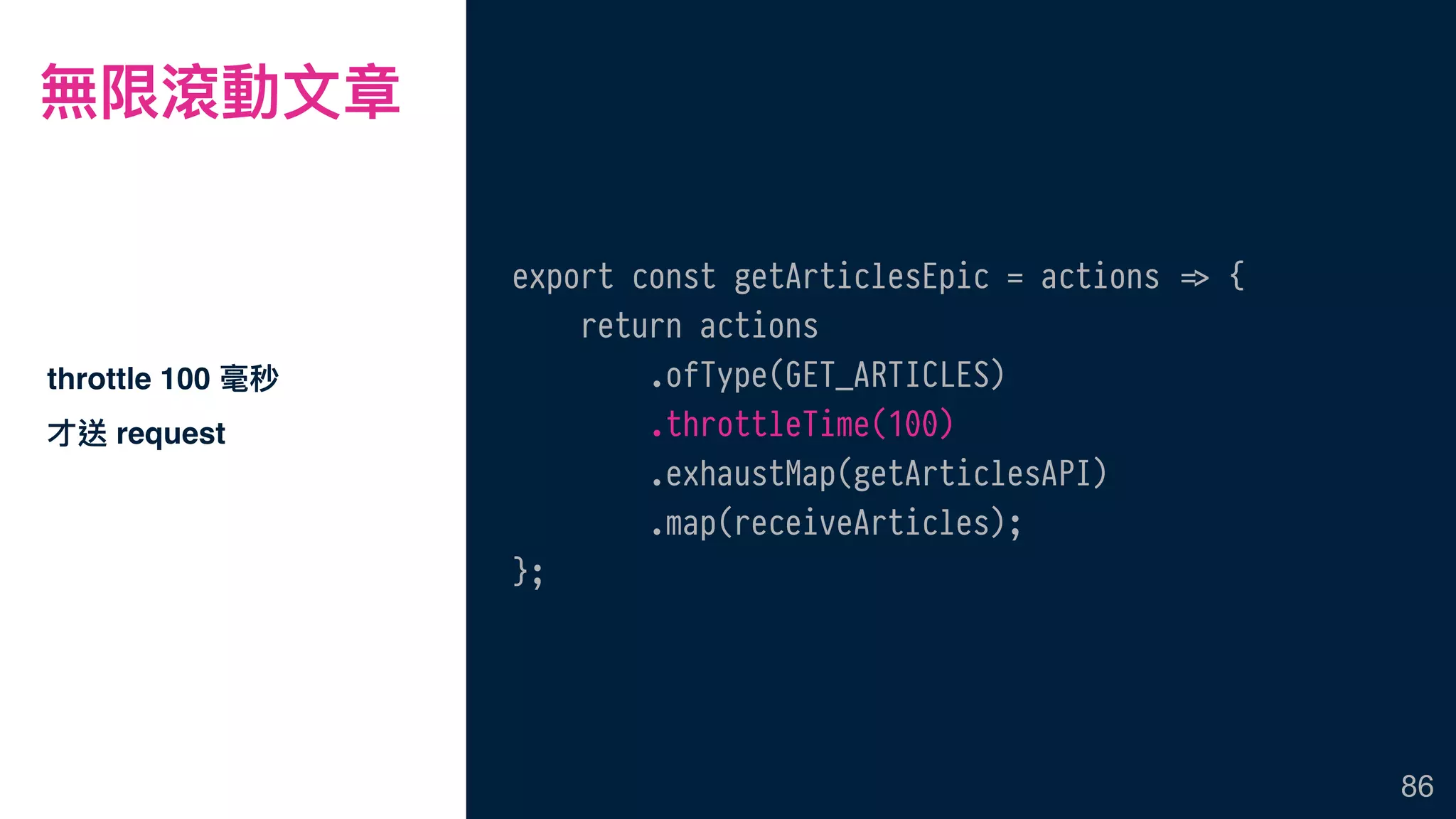 export const getArticlesEpic = actions !=> {
return actions
.ofType(GET_ARTICLES)
.throttleTime(100)
.exhaustMap(getArticlesAPI)
.map(receiveArticles);
};
無限滾動⽂文章
throttle 100 毫秒
才送 request
86
 