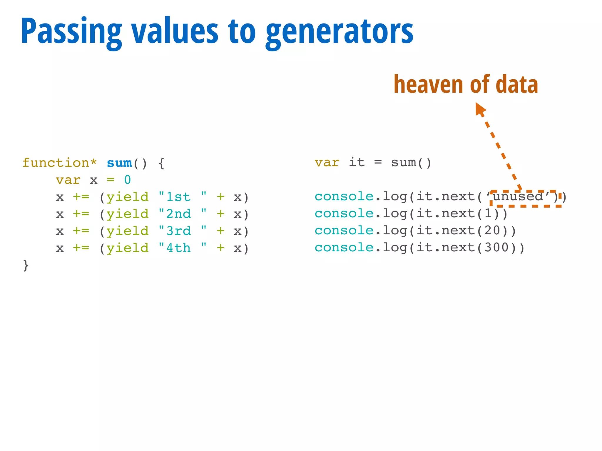 function* sum() {
var x = 0
x += (yield "1st " + x)
x += (yield "2nd " + x)
x += (yield "3rd " + x)
x += (yield "4th " + x)
}
Passing values to generators
var it = sum()
console.log(it.next(‘unused’))
console.log(it.next(1))
console.log(it.next(20))
console.log(it.next(300))
heaven of data
 