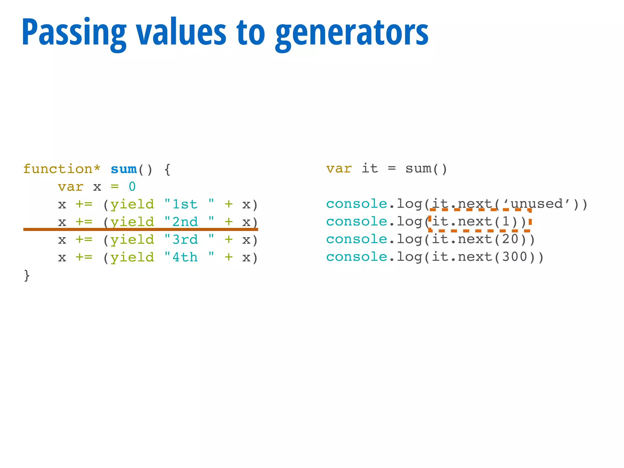 function* sum() {
var x = 0
x += (yield "1st " + x)
x += (yield "2nd " + x)
x += (yield "3rd " + x)
x += (yield "4th " + x)
}
Passing values to generators
var it = sum()
console.log(it.next(‘unused’))
console.log(it.next(1))
console.log(it.next(20))
console.log(it.next(300))
 