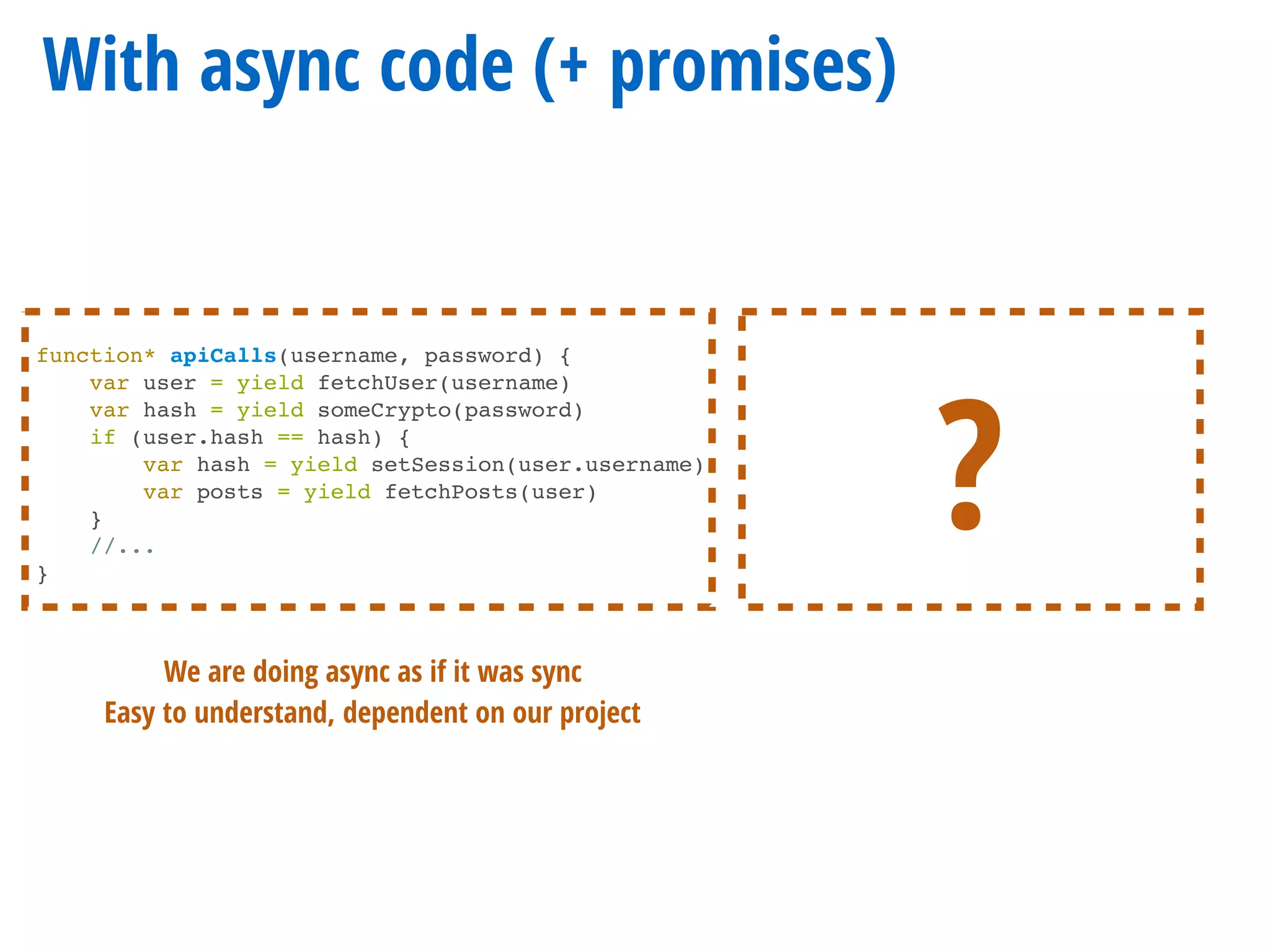 With async code (+ promises)
function* apiCalls(username, password) {
var user = yield fetchUser(username)
var hash = yield someCrypto(password)
if (user.hash == hash) {
var hash = yield setSession(user.username)
var posts = yield fetchPosts(user)
}
//...
}
We are doing async as if it was sync
Easy to understand, dependent on our project
?
 