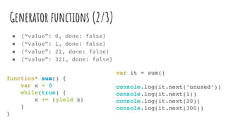 Generator functions (2/3)
● {“value”: 0, done: false}
● {“value”: 1, done: false}
● {“value”: 21, done: false}
● {“value”: 321, done: false}
 
