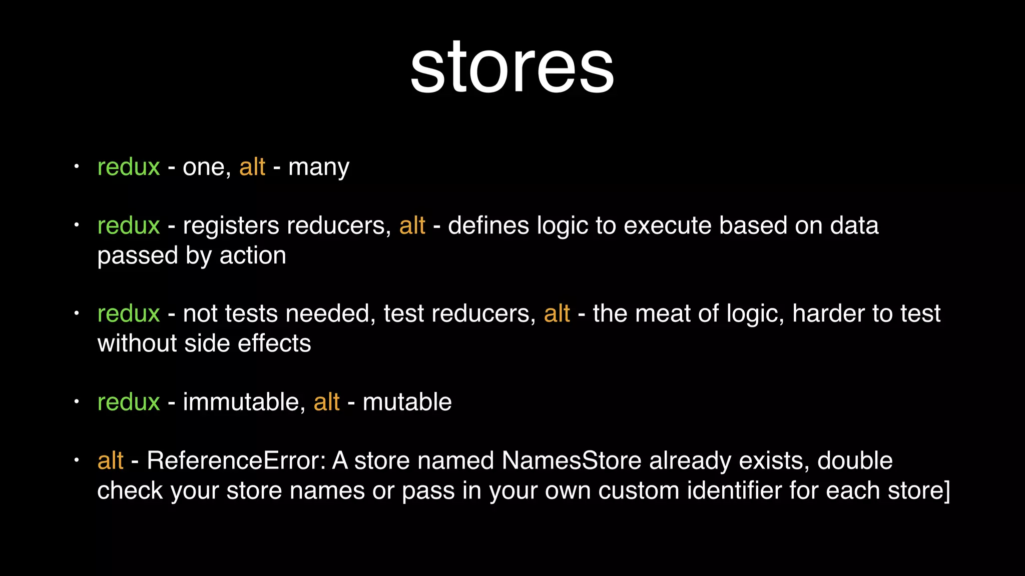 components - tests
describe('<MyComponent />', () => {
it('renders three <Foo /> components', () => {
const wrapper = shallow(<MyComponent />);
expect(wrapper.find(Foo)).to.have.length(3);
});
it('renders an `.icon-star`', () => {
const wrapper = shallow(<MyComponent />);
expect(wrapper.find('.icon-star')).to.have.length(1);
});
it('renders children when passed in', () => {
const wrapper = shallow(
<MyComponent>
<div className="unique" />
</MyComponent>
);
expect(wrapper.contains(<div className="unique" />)).to.equal(true);
});
it('simulates click events', () => {
const onButtonClick = sinon.spy();
const wrapper = shallow(
<Foo onButtonClick={onButtonClick} />
);
wrapper.find('button').simulate('click');
expect(onButtonClick.calledOnce).to.equal(true);
});
});
airbnb/enzyme
react element
css class
html element
simulate event
 