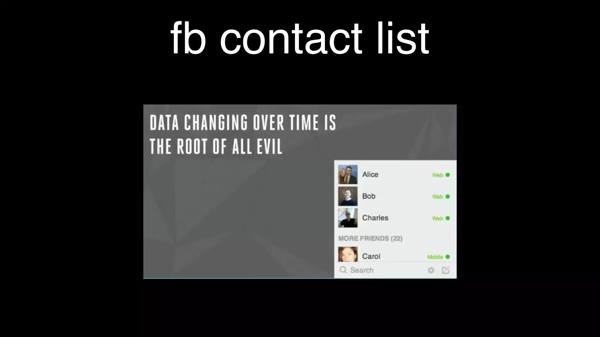 react
• just the UI
• virtual DOM
• one way data ﬂow
var HelloMessage = React.createClass({
render: function() {
return <div>Hello {this.props.name}</div>;
}
});
ReactDOM.render(<HelloMessage name="John" />, mountNode); Hello John
 