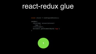 stores - code
import alt from '../alt';
import namesActions from '../actions/NamesActions';
class NamesStore {
constructor() {
this.bindListeners({ add: namesActions.ADD})
this.state = {
names: []
}
}
add(name) {
if (name === 'Stranger') {
return this.state;
}
this.setState({ names: [...this.state.names, name] });
}
}
export default function configureStore() {
return alt.createStore(NamesStore, 'NamesStore');
}
 
