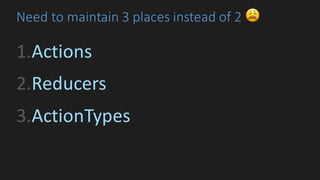 Need	to	maintain	3	places	instead	of	2	😩
1.Actions
2.Reducers
3.ActionTypes
 