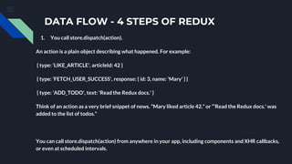DATA FLOW - 4 STEPS OF REDUX
1. You call store.dispatch(action).
An action is a plain object describing what happened. For example:
{ type: 'LIKE_ARTICLE', articleId: 42 }
{ type: 'FETCH_USER_SUCCESS', response: { id: 3, name: 'Mary' } }
{ type: 'ADD_TODO', text: 'Read the Redux docs.' }
Think of an action as a very brief snippet of news. “Mary liked article 42.” or “‘Read the Redux docs.' was
added to the list of todos.”
You can call store.dispatch(action) from anywhere in your app, including components and XHR callbacks,
or even at scheduled intervals.
 