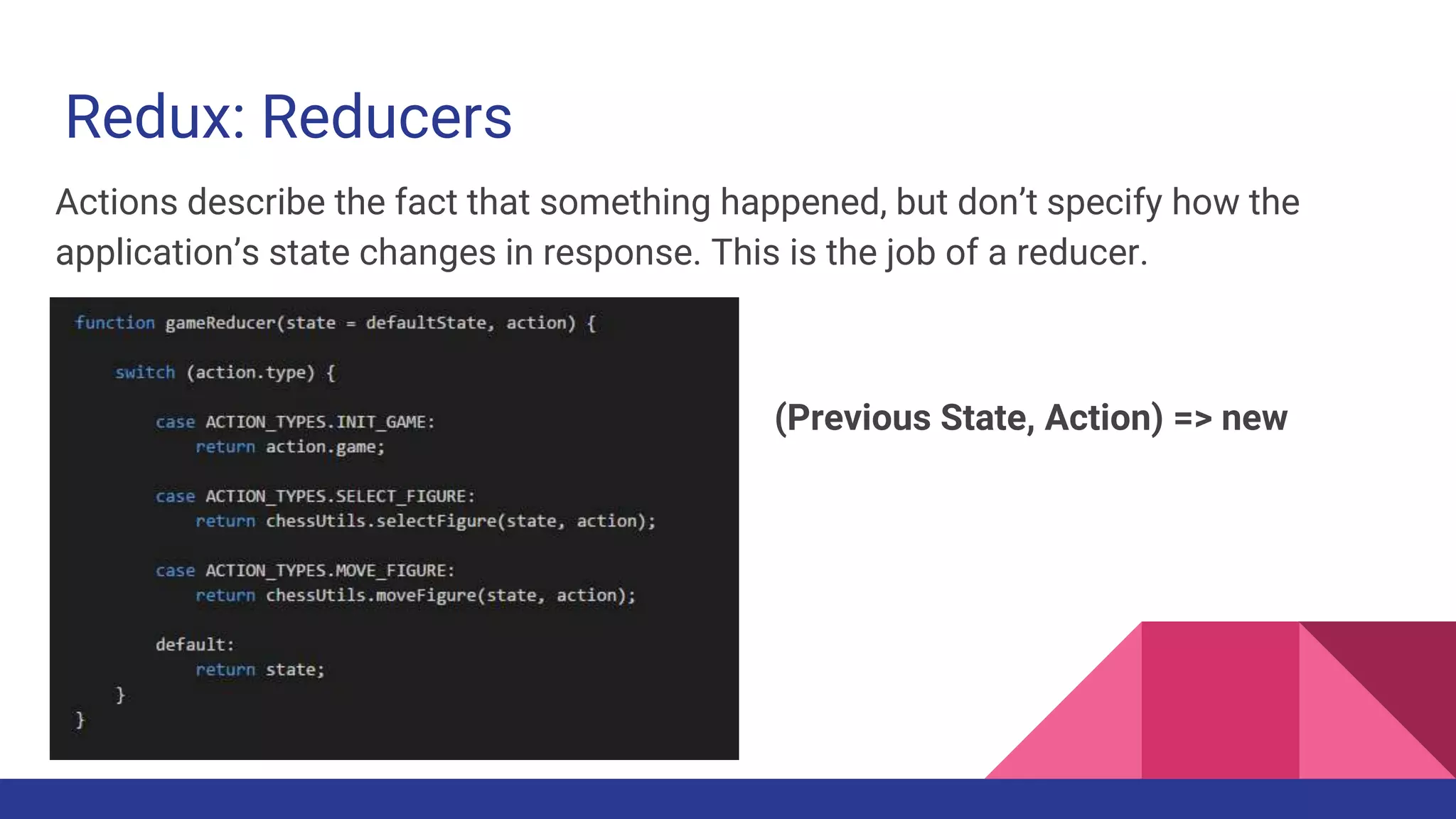 Redux: Reducers
Actions describe the fact that something happened, but don’t specify how the
application’s state changes in response. This is the job of a reducer.
(Previous State, Action) => new
State
 