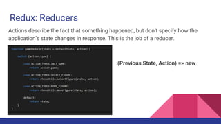 Redux: Reducers
Actions describe the fact that something happened, but don’t specify how the
application’s state changes in response. This is the job of a reducer.
(Previous State, Action) => new
State
 