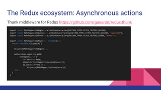The Redux ecosystem: Asynchronous actions
Thunk middleware for Redux https://github.com/gaearon/redux-thunk
 