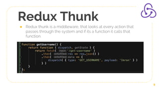 Redux Thunk
● Redux thunk is a middleware, that looks at every action that
passes through the system and if its a function it calls that
function.
9
 