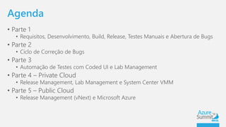 Agenda 
• Parte 1 
• Requisitos, Desenvolvimento, Build, Release, Testes Manuais e Abertura de Bugs 
• Parte 2 
• Ciclo de Correção de Bugs 
• Parte 3 
• Automação de Testes com Coded UI e Lab Management 
• Parte 4 – Private Cloud 
• Release Management, Lab Management e System Center VMM 
• Parte 5 – Public Cloud 
• Release Management (vNext) e Microsoft Azure 
 