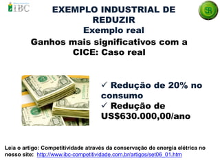 Ganhos mais significativos com a
CICE: Caso real
Leia o artigo: Competitividade através da conservação de energia elétrica no
nosso site: http://www.ibc-competitividade.com.br/artigos/set06_01.htm
 Redução de 20% no
consumo
 Redução de
US$630.000,00/ano
EXEMPLO INDUSTRIAL DE
REDUZIR
Exemplo real
 
