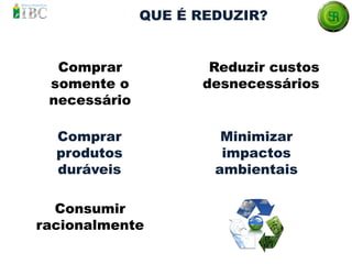 QUE É REDUZIR?
Comprar
somente o
necessário
Comprar
produtos
duráveis
Consumir
racionalmente
Reduzir custos
desnecessários
Minimizar
impactos
ambientais
 