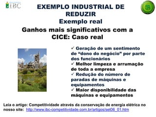 Ganhos mais significativos com a
CICE: Caso real
Leia o artigo: Competitividade através da conservação de energia elétrica no
nosso site: http://www.ibc-competitividade.com.br/artigos/set06_01.htm
 Geração de um sentimento
de “dono do negócio” por parte
dos funcionários
 Melhor limpeza e arrumação
de toda a empresa
 Redução do número de
paradas de máquinas e
equipamentos
 Maior disponibilidade das
máquinas e equipamentos
EXEMPLO INDUSTRIAL DE
REDUZIR
Exemplo real
 