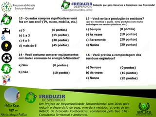Responsabilidade
Socioambiental
Helio Rosa
MBA em
Administração Pública
Um Projeto de Responsabilidade Socioambiental com Dicas para
reduzir o desperdício de água, energia e resíduos, através de um
Método de Economia Colaborativa, coordenado pela Geo CTA -
Consultoria Territorial e Ambiental. www.geocta.com.br
www.reduzirdesperdicio.com.br
Redução que gera Recursos e Reconhece sua Fidelidade!
 