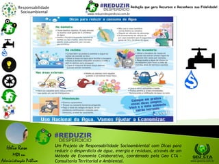 Responsabilidade
Socioambiental
Helio Rosa
MBA em
Administração Pública
Um Projeto de Responsabilidade Socioambiental com Dicas para
reduzir o desperdício de água, energia e resíduos, através de um
Método de Economia Colaborativa, coordenado pela Geo CTA -
Consultoria Territorial e Ambiental. www.geocta.com.br
www.reduzirdesperdicio.com.br
Redução que gera Recursos e Reconhece sua Fidelidade!
 