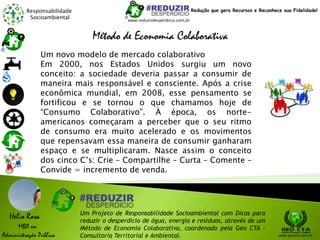 Responsabilidade
Socioambiental
Helio Rosa
MBA em
Administração Pública
Um Projeto de Responsabilidade Socioambiental com Dicas para
reduzir o desperdício de água, energia e resíduos, através de um
Método de Economia Colaborativa, coordenado pela Geo CTA -
Consultoria Territorial e Ambiental. www.geocta.com.br
www.reduzirdesperdicio.com.br
Redução que gera Recursos e Reconhece sua Fidelidade!
Um novo modelo de mercado colaborativo
Em 2000, nos Estados Unidos surgiu um novo
conceito: a sociedade deveria passar a consumir de
maneira mais responsável e consciente. Após a crise
econômica mundial, em 2008, esse pensamento se
fortificou e se tornou o que chamamos hoje de
“Consumo Colaborativo”. À época, os norte-
americanos começaram a perceber que o seu ritmo
de consumo era muito acelerado e os movimentos
que repensavam essa maneira de consumir ganharam
espaço e se multiplicaram. Nasce assim o conceito
dos cinco C’s: Crie – Compartilhe – Curta – Comente –
Convide = incremento de venda.
Método de Economia Colaborativa
 