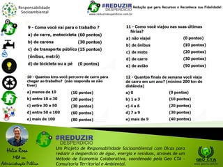 Responsabilidade
Socioambiental
Helio Rosa
MBA em
Administração Pública
Um Projeto de Responsabilidade Socioambiental com Dicas para
reduzir o desperdício de água, energia e resíduos, através de um
Método de Economia Colaborativa, coordenado pela Geo CTA -
Consultoria Territorial e Ambiental. www.geocta.com.br
www.reduzirdesperdicio.com.br
Redução que gera Recursos e Reconhece sua Fidelidade!
 