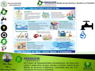 Responsabilidade
Socioambiental
Helio Rosa
MBA em
Administração Pública
Um Projeto de Responsabilidade Socioambiental com Dicas para
reduzir o desperdício de água, energia e resíduos, através de um
Método de Economia Colaborativa, coordenado pela Geo CTA -
Consultoria Territorial e Ambiental. www.geocta.com.br
www.reduzirdesperdicio.com.br
Redução que gera Recursos e Reconhece sua Fidelidade!
 