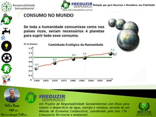 Responsabilidade
Socioambiental
Helio Rosa
MBA em
Administração Pública
Um Projeto de Responsabilidade Socioambiental com Dicas para
reduzir o desperdício de água, energia e resíduos, através de um
Método de Economia Colaborativa, coordenado pela Geo CTA -
Consultoria Territorial e Ambiental. www.geocta.com.br
www.reduzirdesperdicio.com.br
Redução que gera Recursos e Reconhece sua Fidelidade!
 