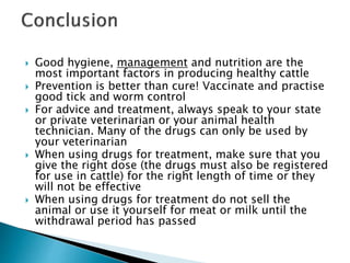  Good hygiene, management and nutrition are the
most important factors in producing healthy cattle
 Prevention is better than cure! Vaccinate and practise
good tick and worm control
 For advice and treatment, always speak to your state
or private veterinarian or your animal health
technician. Many of the drugs can only be used by
your veterinarian
 When using drugs for treatment, make sure that you
give the right dose (the drugs must also be registered
for use in cattle) for the right length of time or they
will not be effective
 When using drugs for treatment do not sell the
animal or use it yourself for meat or milk until the
withdrawal period has passed
 