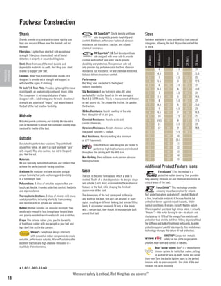 Footwear Construction

PROTECTIVE
FOOTWEAR

Lineman: Wider than traditional steel shanks, it is
designed to provide extra strength and support to
withstand the rigors of climbing.
TC Tech™/ H-Tech Plate: Provides lightweight torsional
stability with an anatomically contoured shank plate.
This component is an integrated piece of nylon
designed with a solid instep area for multi-directional
strength and a series of “fingers” that extend toward
the ball of the foot to allow flexibility.

Performance
Red Wing soles are tested to the highest
industry standards.
Slip Resistance: A key feature in soles. All soles
are tested for traction based on the wet average of
Mark II & SATRA tests. This is a measurement of friction
on wet quarry tile. The greater the friction, the greater
the traction.
Oil/Gas Resistance: Resists swelling of the sole
from absorption of oil and gas.

Midsole
Midsoles provide cushioning and stability. We take extra
care in the midsole to ensure that cushioned stability stays
constant for the life of the boot.

Chemical Resistance: Resists acids and
caustic chemicals.
Abrasions Resistance: Resists abrasive surfaces
like gravel, concrete & asphalt.

Outsole

Heat Resistance: Resists melting at a minimum
of 475º Fahrenheit.

Our outsoles perform two functions. They withstand
abuse from below, yet aren’t so rigid your body “jars”
with impact. They also cushion, but not to the point
your feet tire out.

	
Soles that have been designed and tested to 	
	
perform on high heat surfaces are indicated
throughout the catalog with the HRO icon.

Materials
We use specially formulated urethane and rubbers that
achieve the perfect outsole for any condition.
Urethane: We mold our urethane outsoles using a
unique formula that puts cushioning and durability
in a lightweight boot.
Polyurethane: A class of versatile polymers that are
tough, yet flexible. Provides underfoot comfort, flexibility
and slip resistance.
Thermoplastic Urethane: A class of plastics with many
useful properties, including elasticity, transparency,
and resistance to oil, grease and abrasion.
Rubber: Rubber outsoles are abrasion resistant. They
are durable enough to last through your longest days
and provide excellent resistance to cuts and scratches.
Crepe: This cellular rubber gives you the durability
of traditional rubber with less weight so your feet and
legs don’t tire as the day goes on.
	Vibram®: Exceptional design intersects 		
	
with innovative rubber compounds to create
versatile, performance outsoles. Vibram® outsoles offer
excellent traction and high abrasion resistance in a
multitude of environments.

+1.651.385.1140

18

Non-Marking: Does not leave marks on non-abrasive
flooring surfaces.

Lasts
The last is the solid form around which a shoe is
molded. The fit of a shoe depends on its design, shape
and volume. Lasts must accommodate the anatomical
features of the foot, while shaping the finished
appearance of the boot.
The dimensions of the last correspond to the size
and width of the boot. One last can be used in many
styles, resulting in different looking, but similar fitting
boots. If a customer previously fit into a shoe made
with a certain last, they should fit into any style built
around that last.

3.5
4
4.5
5
7.5
6
6.5
7
7.5
8
8.5
9
9.5
10
10.5
11
11.5
12
13
14
15
16

4
4.5
5
5.5
6
6.5
7
7.5
8
8.5
9
9.5
10
10.5
11
12

36
37
38
39
40
41
42
43
44
45
46
47
48
49
50

1.5
2
2.5
3
3.5
4
4.5
5
5.5
6
6.5
7
7.5
8
8.5
9
9.5
10
10.5
11
12
13
14
15

21.5
22
22.5
23
23.5
24
24.5
25
25.5
26
26.5
27
27.5
28
28.5

CM Womens

Steel: Made from one of the most durable and
dependable materials on earth. Red Wing uses steel
shanks to support your feet.

CM Men's

RW SuperSole® 2.0: Dual density urethane
sole designed with inner sole to provide
cushion and comfort, and outer sole to provide
durability and protection. This premium sole not
only provides top performance in traction, abrasion
resistance, cut resistance, oil and chemical resistance,
but also delivers maximum comfort.

British

Fiberglass: Lighter than steel but with exceptional
strength. Fiberglass shanks don’t set off metal
detectors in airports or secure building sites.

Footwear available in sizes and widths that cover all
categories, allowing the best fit possible and will be
in stock.

European

Shanks provide structural and torsional rigidity to a
boot and ensures it flexes near the forefoot and not
the heel.

Sizes

USA Women's

	
RW SuperSole®: Single density urethane 	
	
sole designed to provide durability and
comfort. It delivers performance factors of abrasion
resistance, cut resistance, traction, and oil and
chemical resistance.

USA Men's

Shank

21
21.5
22
22.5
23
23.5
24
24.5
25
25.5
26
26.5
27
27.5
28
28.5

Additional Product Feature Icons
	ForceGuard™: This technology is a
	
protective rubber covering that provides
long-wearing abrasion, oil and chemical resistance on
critical areas of the boot.
	ForceShield™: This technology provides 	
	
amazing impact absorption for reliable
foot protection where and when it’s needed. Made of
a thin, breathable material, it forms a flexible but
protective barrier against impact hazards. Under
normal conditions, it retains its soft, flexible nature
When impacted quickly at high stress rates, it actually
“freezes”—like water turning to ice—to absorb and
dissipate up to 90% of the energy. From metatarsal
protection that shields feet from falling objects without
the stiffness and bulk of traditional metguards, to ankle
protection against painful side impacts, this revolutionary
technology changes the nature of foot protection.
	
KING TOE®: Large, non-metallic
	
safety toe box (44% larger) which
provides more room and comfort in toe area.
	Boa® lacing system: Boa® is a revolutionary 	
	
closure system for boots that makes getting 	
	
in and out of lace-up boots faster and easier
than ever. Turn the dial to tighten laces to the perfect
tension, with no pressure points. One click of the reel
releases the laces instantly.

Whenever safety is critical, Red Wing has you covered™

 