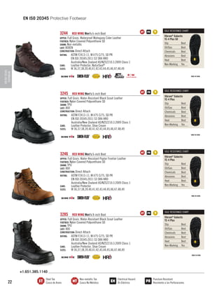 EN ISO 20345 Protective Footwear
3244	

EN ISO 20345
FOOTWEAR

RED WING Men's 6-inch Boot	
UPPER: Full Grain, Waterproof Mahogany Cider Leather
FOOTBED: Nylon Covered Polyurethane SD
SHANK: Non-metallic
LAST: 800EN
CONSTRUCTION: Direct Attach
RATING:	 ASTM F2413-11, M I/75 C/75, SD PR
	
EN ISO 20345:2011 S3 SRA HRO
	
Australia/New Zealand AS/NZS2210.3.2009 Class 1
CARE:	
Leather Protector, NaturSeal®
SIZES:	
W 36,37,38,39,40,41,42,43,44,45,46,47,48,49

3245	

RED WING Men's 6-inch Boot	
UPPER: Full Grain, Water-Resistant Black Scout Leather
FOOTBED: Nylon Covered Polyurethane SD
SHANK: TPU
LAST: 800
CONSTRUCTION: Direct Attach
RATING:	 ASTM F2413-11, M I/75 C/75, SD PR
	
EN ISO 20345:2011 S3 SRA HRO
	
Australia/New Zealand AS/NZS2210.3.2009 Class 1
CARE:	
Leather Protector, Shoe Cream
SIZES:	
W 36,37,38,39,40,41,42,43,44,45,46,47,48,49

SOLE RESISTANCE CHART

Vibram® Galactic
TC-4 Plus SD
Slip	Best
Oil/Gas	Best
Chemicals	Best
Abrasions	Best
Heat	Best
Non-Marking	Yes

SOLE RESISTANCE CHART

Vibram® Galactic
TC-4 Plus
Slip	Best
Oil/Gas	Best
Chemicals	Best
Abrasions	Best
Heat	Best
Non-Marking	Yes

3246	

SOLE RESISTANCE CHART

3285	

SOLE RESISTANCE CHART

RED WING Men's 6-inch Boot	
UPPER: Full Grain, Water-Resistant Poplar Frontier Leather
FOOTBED: Nylon Covered Polyurethane SD
SHANK: TPU
LAST: 800
CONSTRUCTION: Direct Attach
RATING:	 ASTM F2413-11, M I/75 C/75, SD PR
	
EN ISO 20345:2011 S3 SRA HRO
	
Australia/New Zealand AS/NZS2210.3.2009 Class 1
CARE:	
Leather Protector
SIZES:	
W 36,37,38,39,40,41,42,43,44,45,46,47,48,49

RED WING Men's 8-inch Boot	
UPPER: Full Grain, Water-Resistant Black Scout Leather
FOOTBED: Nylon Covered Polyurethane SD
SHANK: TPU
LAST: 800
CONSTRUCTION: Direct Attach
RATING:	 ASTM F2413-11, M I/75 C/75, SD PR
	
EN ISO 20345:2011 S3 SRA HRO
	
Australia/New Zealand AS/NZS2210.3.2009 Class 1
CARE:	
Leather Protector, Shoe Cream
SIZES:	
W 36,37,38,39,40,41,42,43,44,45,46,47,48,49

Vibram® Galactic
TC-4 Plus
Slip	Best
Oil/Gas	Best
Chemicals	Best
Abrasions	Best
Heat	Best
Non-Marking	Yes

Vibram® Galactic
TC-4 Plus
Slip	Best
Oil/Gas	Best
Chemicals	Best
Abrasions	Best
Heat	Best
Non-Marking	Yes

+1.651.385.1140

22

Steel Toe
Casco de Acero

Non-metallic Toe
Casco No Metálico

Electrical Hazard
Di-Eléctrico

Puncture Resistant
Resistente a las Perforaciones

 