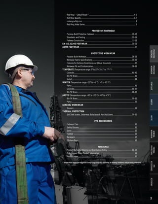 Red Wing—Global Reach™........................................................................................4-5
	
Red Wing Quality........................................................................................................6-7
	redwingsafety.com......................................................................................................... 8
	
Red Wing Video Series................................................................................................... 9
PROTECTIVE FOOTWEAR
	
Purpose-Built Protective Footwear..........................................................................10-12
	
Standards and Testing ..........................................................................................13-16
	
Footwear Construction....................................................................................................... 17-19
EN ISO 20345 FOOTWEAR........................................................................................20-26
ASTM FOOTWEAR............................................................................................................ 27

ARCTIC
GENERAL
WORKWEAR
THERMAL
PROTECTION
PPE
ACCESSORIES

* Temperature ranges are suggested. Actual range may vary depending on working conditions and personal preference.

WINTER

REFERENCE
Product Warranty, Returns and Distribution Policy.................................................64-65
Ordering and Sales Contact Information..................................................................... 66
Product Index............................................................................................................... 67

TEMPERATE

	
	
	

PROTECTIVE
WORKWEAR

PPE ACCESSORIES
	
Footwear Care ............................................................................................................. 61
	
Safety Glasses ............................................................................................................ 61
	Socks .......................................................................................................................... 62
	Footbed ....................................................................................................................... 62
	Backpack .................................................................................................................... 62
	
Offshore Bags ............................................................................................................. 63

PROTECTIVE
FOOTWEAR

PROTECTIVE WORKWEAR
	
Purpose-Built Workwear..........................................................................................28-29
	
Workwear Fabric Specifications..............................................................................30-36
	
Features For Extreme Conditions and Global Standards ............................................. 37
	
Workwear Fit and Customization.............................................................................38-39
TEMPERATE (Temperature range: 5º to 25º C / 41º to 77º F*)
	Coveralls................................................................................................................40-42
	
Bib 'N' Brace............................................................................................................... 43
	Jacket.......................................................................................................................... 44
WINTER (Temperature range: -20º to +5º C / -4º to 41º F*)
	Parka........................................................................................................................... 45
	Coveralls................................................................................................................46-47
	
Bib 'N' Brace..........................................................................................................48-49
ARCTIC (Temperature range: -40º to -20º C / -40º to -4º F*)
	
Bib 'N' Brace..........................................................................................................50-51
	Parka........................................................................................................................... 52
GENERAL WORKWEAR
	Trousers....................................................................................................................... 53
THERMAL PROTECTION
	
Soft Shell Jackets, Underwear, Balaclavas & Hard Hat Liners......................................54-60

REFERENCE

3

 