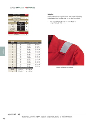 61712 TEMPERATE FR COVERALL

TEMPERATE

Product Number
FABRIC MATERIAL
Red Wing Flashguard™
FABRIC WEIGHT
9oz / 300g
FABRIC COLOR
Color Code
Orange
57
Red
55
Navy Blue
53
Royal Blue
54
STANDARDS
Flame Resistant*
Anti-Static*

SIZING
Chest
36
38
40
42
44
46
48
50
52
54
56
58
60
62
Height
Regular
Tall

61712
▼

Ordering

•

Use the specifications chart to compare features. Order using the corresponding
Product Number, 2 digit fabric Color Code, and your Chest size and Height.

•

*	

Flame Resistant (EN ISO EN 11612), Anti-static (EN 1149-5)
and High Visibility (EN 471).

•
•
•
•
•
•

EU/RU Equivalent
Inch / cm Equivalent
46
34-36
86-92 cm
48
36-38
92-97 cm
50
38-40
97-102 cm
52
40-42
102-107 cm
54
42-44
107-112 cm
56
44-46
112-117 cm
58
46-48
117-122 cm
60
48-50
122-127 cm
62
50-52
127-132 cm
64
52-54
132-137 cm
66
54-56
137-142 cm
68
56-58
142-147 cm
70
58-60
147-152 cm
72
60-62
152-157 cm
Inch / cm Equivalent
up to 6' 1
up to 185 cm
6' 1 to 6' 4
up to 196 cm

Loops on shoulders for radio antennae

+1.651.385.1140

40

Customized garments and PPE programs are available. Call us for more information.

 