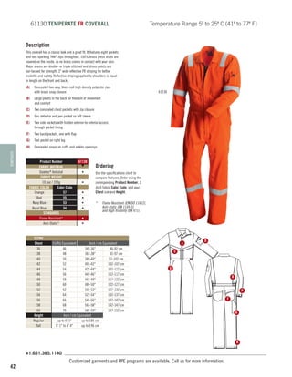 61130 TEMPERATE FR COVERALL 		

Temperature Range 5º to 25º C (41º to 77º F)

Description
This coverall has a classic look and a great fit. It features eight pockets
and non-sparking YKK® zips throughout. 100% brass press studs are
covered on the inside, so no brass comes in contact with your skin.
Major seams are double- or triple-stitched and stress points are
bar-tacked for strength. 2 wide reflective FR striping for better
visibility and safety. Reflective striping applied to shoulders is equal
in length on the front and back.
(A)	 Concealed two-way, black coil high density polyester zips
with brass snap closure

61130

(B)	 Large pleats in the back for freedom of movement
and comfort	
(C)	 Two concealed chest pockets with zip closure 	
(D)	 Gas detector and pen pocket on left sleeve
(E)	 Two side pockets with hidden exterior-to-interior access
through pocket lining
(F)	

Two back pockets, one with flap

(G)	 Tool pocket on right leg
TEMPERATE

(H)	 Concealed snaps on cuffs and ankles openings

Product Number
FABRIC MATERIAL
Daletec® Antistat
FABRIC WEIGHT
10.5oz / 350g
FABRIC COLOR
Color Code
Orange
57
Red
55
Navy Blue
53
Royal Blue
54
STANDARDS
Flame Resistant*
Anti-Static*

SIZING
Chest
36
38
40
42
44
46
48
50
52
54
56
58
60
Height
Regular
Tall

61130
▼
•
•
•
•
•
•

Ordering
Use the specifications chart to
compare features. Order using the
corresponding Product Number, 2
digit fabric Color Code, and your
Chest size and Height.
*	

Flame Resistant (EN ISO 11612),
Anti-static (EN 1149-5)
and High Visibility (EN 471).

•
•

EU/RU Equivalent
Inch / cm Equivalent
46
34-36
86-92 cm
48
36-38
92-97 cm
50
38-40
97-102 cm
52
40-42
102-107 cm
54
42-44
107-112 cm
56
44-46
112-117 cm
58
46-48
117-122 cm
60
48-50
122-127 cm
62
50-52
127-132 cm
64
52-54
132-137 cm
66
54-56
137-142 cm
68
56-58
142-147 cm
70
58-60
147-152 cm
Inch / cm Equivalent
up to 6' 1
up to 185 cm
6' 1 to 6' 4
up to 196 cm

A

D

C

E
B
H
F
G

H

+1.651.385.1140

42

Customized garments and PPE programs are available. Call us for more information.

 