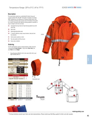 62430 WINTER FR PARKA

Temperature Range -20º to 5º C (-4º to 77º F)
Description
This roomy winter parka has a comfortable FR cotton lining and
is fully insulated with 150g 3M™ Thinsulate™ Insulation. It includes
YKK® hardwearing, non-sparking zip. It features knitted storm cuffs
in the sleeves and draw cords at waist and at the bottom of the jacket
for a snug fit. Garments with reflective striping applied to shoulders is
equal in length on the front and back.
(A)	 Concealed two-way, black coil high density polyester zips with
storm flap
(B)	 High collar
(C)	 Detachable/adjustable hood
(D)	 2 wide FR reflective stripes around sleeves, body and over
the shoulders

62430

(E)	 Hand-warmer pockets on chest
(F)	

Two side pockets with flap closure

(G)	 Draw cords at bottom

Ordering
Use the specifications chart to compare features. Order using the
corresponding Product Number, 2 digit fabric Color Code, and
your Chest size and Height.
*	

Flame Resistant (EN ISO 11612), Anti-static (EN 1149-5) and
High Visibility (EN 471).

SIZING
Chest
XS
S
M
L
XL
2XL
3XL
4XL
Height
Regular

)
e (57
Orang

WINTER

Product Number
FABRIC MATERIAL
Daletec® Antistat
FABRIC WEIGHT
10.5oz / 350g
FABRIC COLOR
Color Code
Orange
57
Red
55
Royal Blue
54
STANDARDS
Flame Resistant*
Anti-Static*
150g 3M™ Thinsulate™ Insulation

62430
▼
•
•
•
•
•
•
•
•

Inch / cm Equivalent Chest
34-36
86-92 cm
36-38
91-97 cm
38-42
97-107 cm
42-46
107-117 cm
46-50
117-127 cm
50-54
127-137 cm
54-58
137-147 cm
58-62
147-157 cm
Inch / cm Equivalent Height
up to 6' 1
up to 185 cm

Detachable hood

B
D
E

A
C
F

G
D
150 gram

(54)
55)
l Blue
Red (
Roya

redwingsafety.com
* Printing limitations prevent exact fabric and color representations. Please contact your Red Wing supplier for fabric and color samples.

45

 