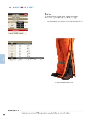 64130 WINTER FR BIB 'N' BRACE

WINTER

Product Number
FABRIC MATERIAL
Daletec ® Antistat
FABRIC WEIGHT
10.5oz / 350g
FABRIC COLOR
Color Code
Orange
57
Red
55
Royal Blue
54
STANDARDS
Flame Resistant*
Anti-Static*
150g 3M™ Thinsulate™ Insulation

SIZING
Waist
XS
S
M
L
XL
2XL
3XL
4XL
Height
Regular

Ordering

64130
▼
•

Use the specifications chart to compare features. Order using the corresponding
Product Number, 2 digit fabric Color Code, and your Waist size and Height.

•

*	

Flame Resistant (EN ISO 11612), Anti-static (EN 1149-5) and High Visibility (EN 471).

•
•
•
•
•
•

Inch / cm Equivalent Waist
28
71 cm
30
76 cm
34
86 cm
38
97 cm
42
107 cm
46
117 cm
50
127 cm
52
132 cm
Inch / cm Equivalent Height
up to 6' 1
up to 185 cm

Inside leg Equivalent
32
82 cm

Full-length concealed leg zip for easy access.

+1.651.385.1140

48

Customized garments and PPE programs are available. Call us for more information.

 