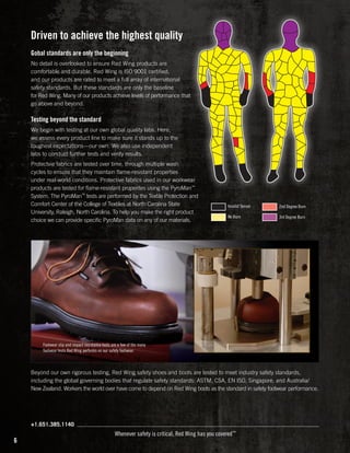 Driven to achieve the highest quality
Gobal standards are only the beginning
No detail is overlooked to ensure Red Wing products are
comfortable and durable. Red Wing is ISO 9001 certified,
and our products are rated to meet a full array of international
safety standards. But these standards are only the baseline
for Red Wing. Many of our products achieve levels of performance that
go above and beyond.

Testing beyond the standard
We begin with testing at our own global quality labs. Here,
we assess every product line to make sure it stands up to the
toughest expectations—our own. We also use independent
labs to conduct further tests and verify results.
Protectvie fabrics are tested over time, through multiple wash
cycles to ensure that they maintain flame-resistant properties
under real-world conditions. Protective fabrics used in our workwear
products are tested for flame-resistant properites using the PyroMan™
System. The PyroMan™ tests are performed by the Textile Protection and
Comfort Center of the College of Textiles at North Carolina State
University, Raleigh, North Carolina. To help you make the right product
choice we can provide specific PyroMan data on any of our materials.

Invalid Sensor

2nd Degree Burn

No Burn

3rd Degree Burn

Footwear slip and impact resistance tests are a few of the many
footwear tests Red Wing performs on our safety footwear.

Beyond our own rigorous testing, Red Wing safety shoes and boots are tested to meet industry safety standards,
including the global governing bodies that regulate safety standards: ASTM, CSA, EN ISO, Singapore, and Australia/
New Zealand. Workers the world over have come to depend on Red Wing boots as the standard in safety footwear performance.

+1.651.385.1140

6

Whenever safety is critical, Red Wing has you covered™

 